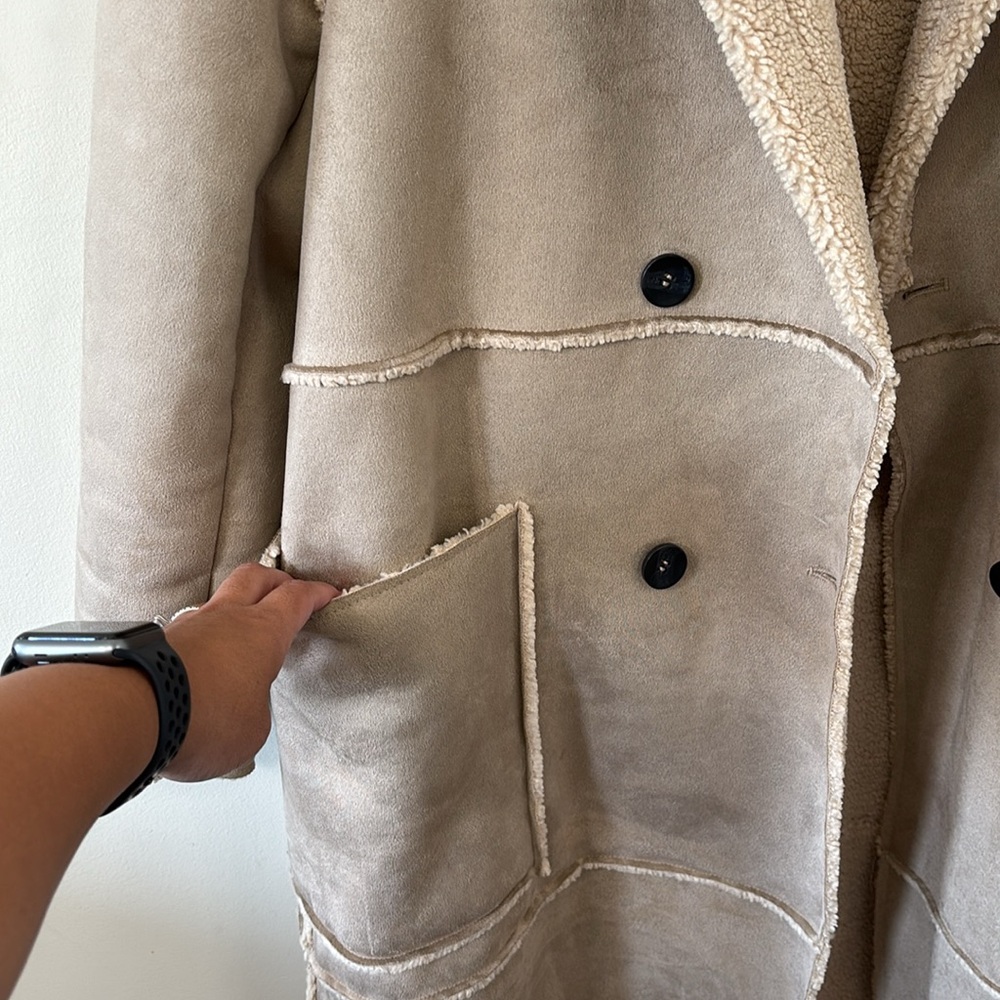 ZARA Contrasting Fleece Suede Long Coat Size Large - Picture 12 of 14